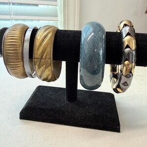Vintage 5 pc Chunky Bracelet LOT Stack Bangles Brass Metal Wood Ethnic